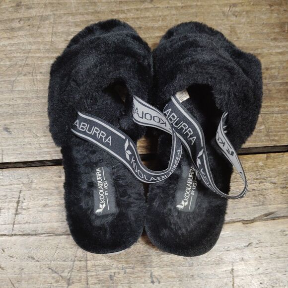 UGG Fluff Sz 6 Slippers Black Slides Faux Fur Shoes Sling Back Open Toe - Picture 4 of 6